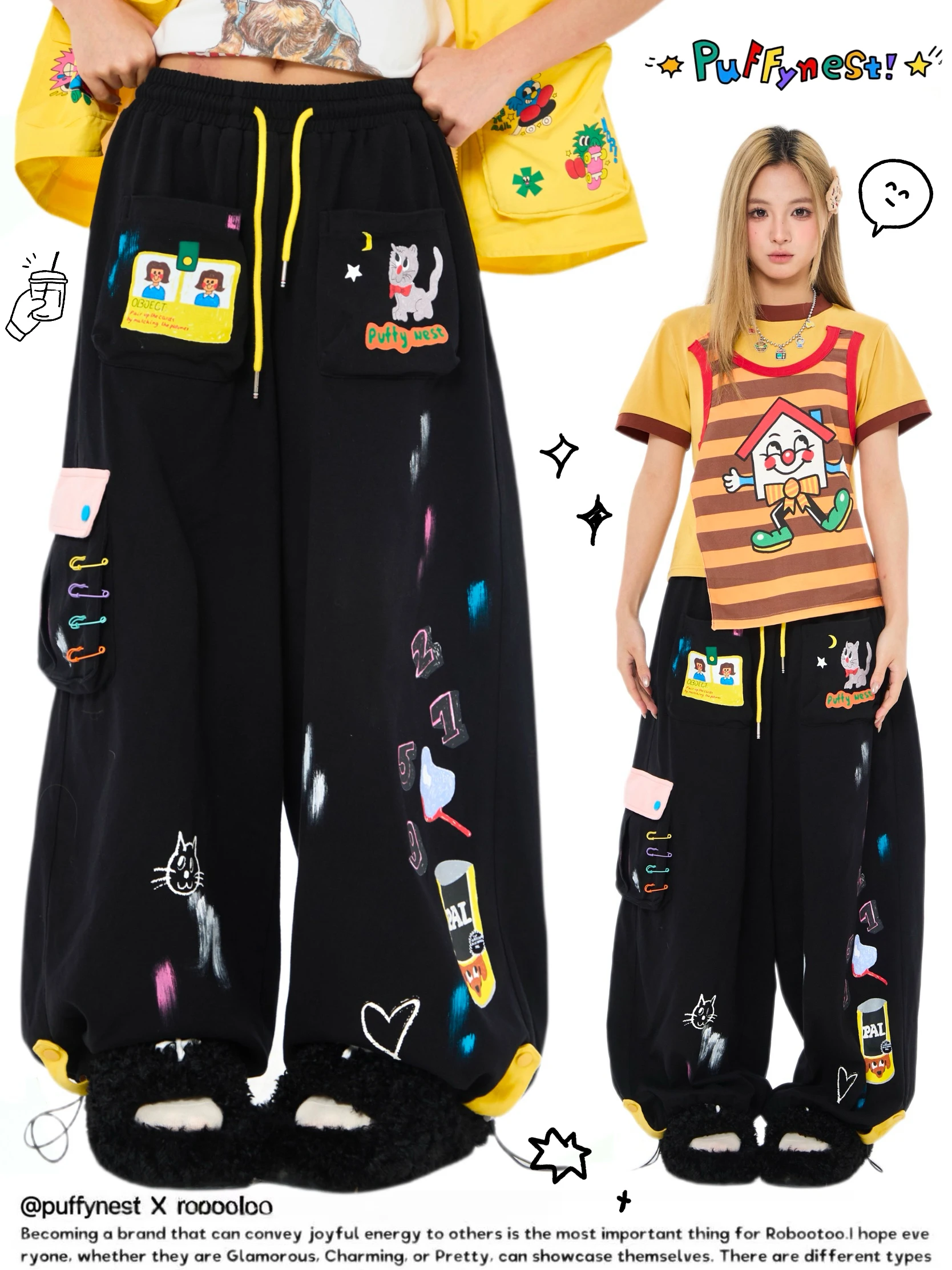 

Puffynest Original Illustration Artist Heavy Duty Hand Drawn Print Elastic Waist Casual Pants Long Pants for Ladies And Teens