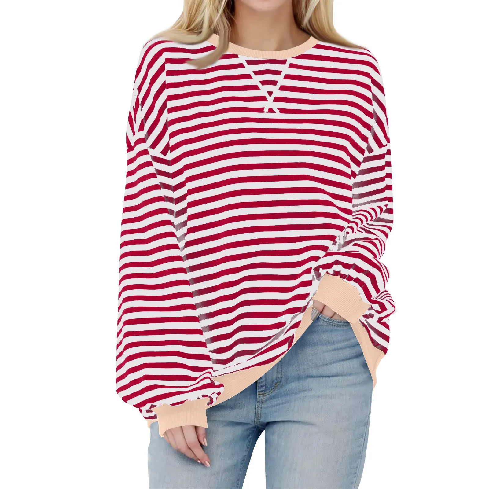 여성 의류 Women\'s Oversized Striped Color Blocking Long Sleeved Round Neck Sports Shirt Casual Loose Fitting Pullover Shirt Top