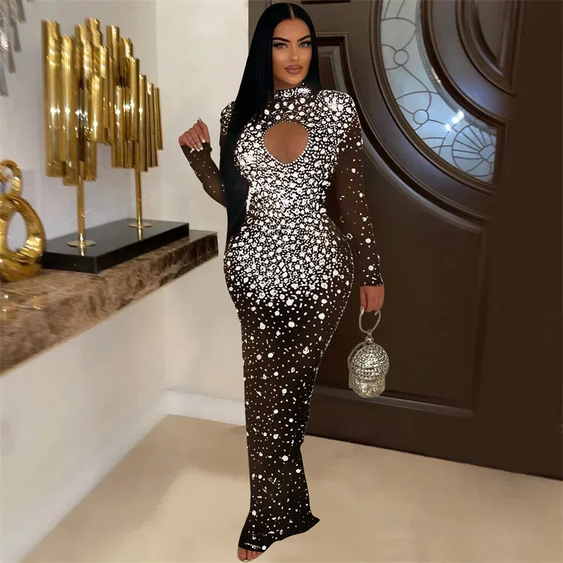 Luxus hochwertige Frauen schiere Mesh Diamanten elegante Maxi Party Abendkleid Glam funkelnden großen Strass sexy Nachtclub Kleid