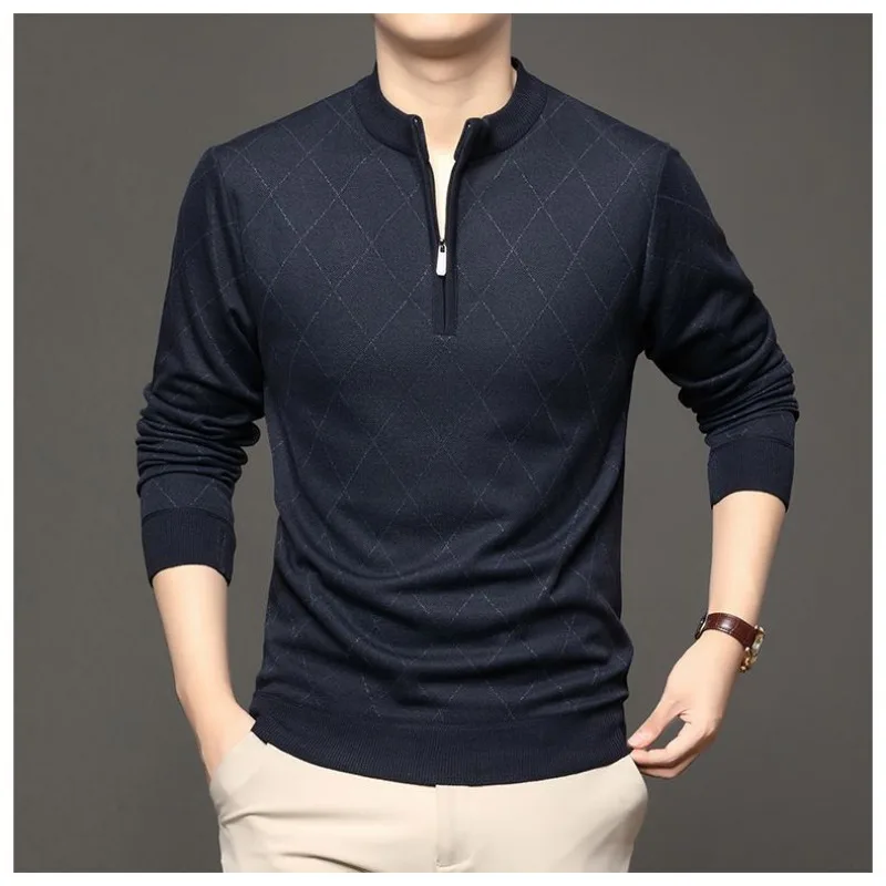 سترة رجالية سميكة ذات ياقة مدورة خفيفة فاخرة وسحاب محبوك في منتصف العمر سترة محبوكة #4