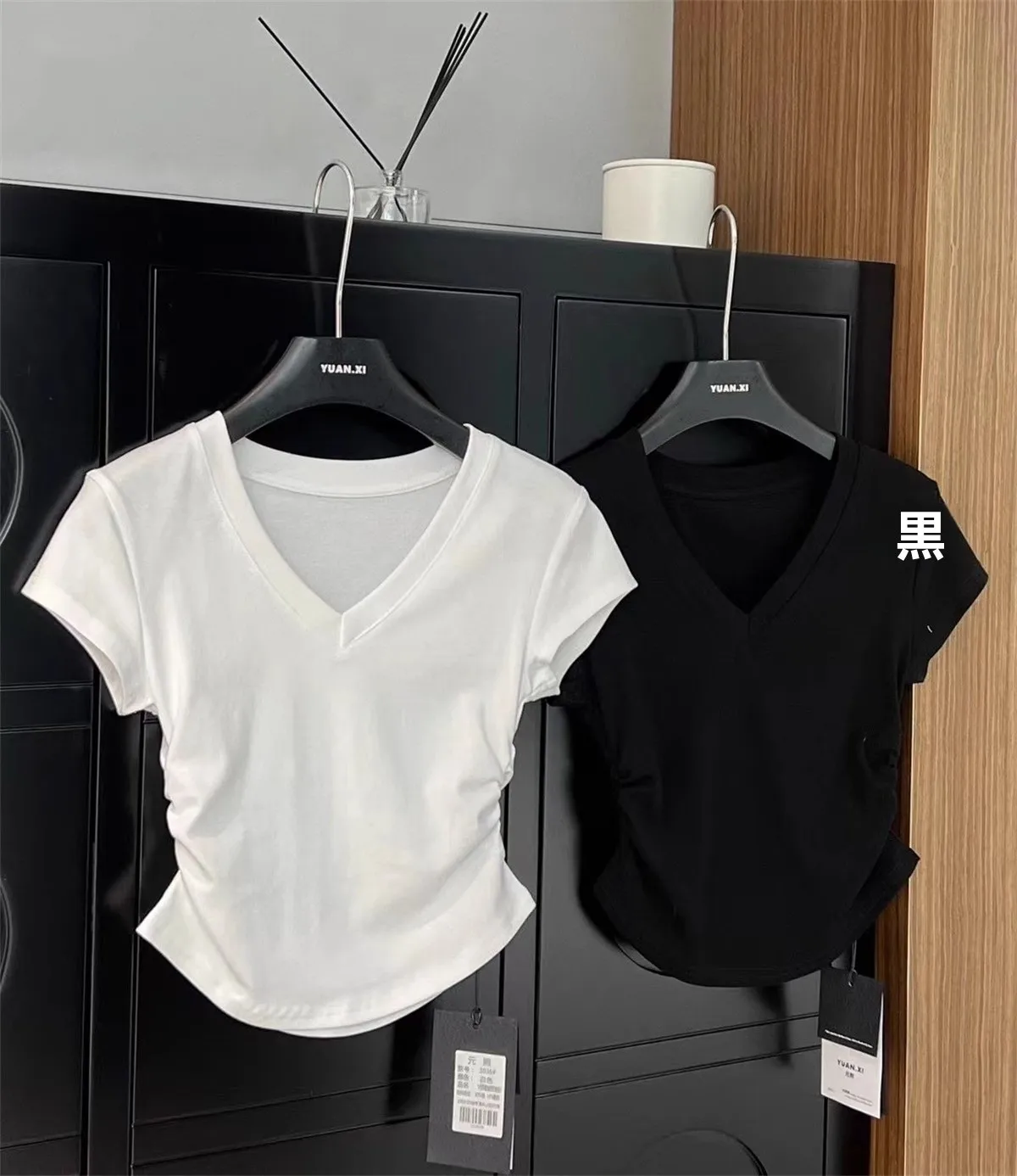 

Slim Fit ort Sve V-Ne T-irt Women's Length Side Pleat Design Versatile Tee Top Korean Sle Pure Color Summer