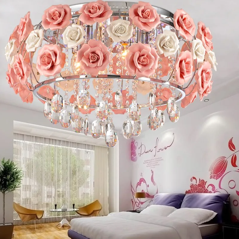 European Rose Flowers Crystal Glass Ceiling Pendant Lights Creative Coffee Shop Cafe Living Dining Room Interior Hanging Lamps