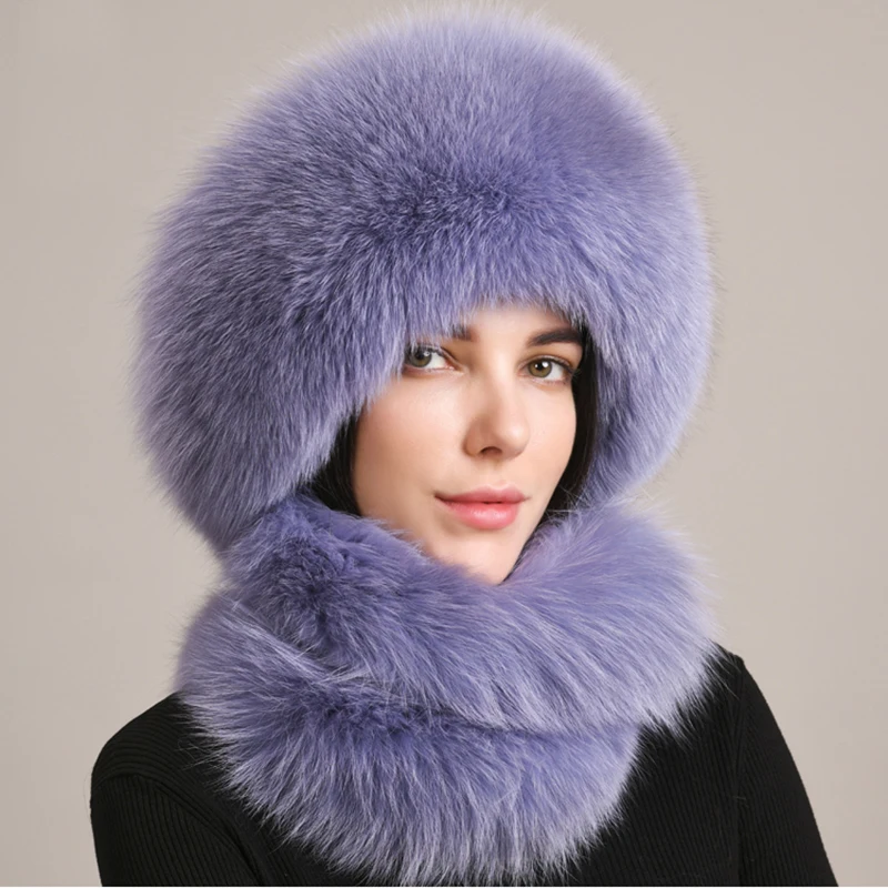 Women\'s Winter Hat With Real Natural Fox Fur Surround Extra length Can Be Used As A Scarf With Hanging Chain In The Back Caps