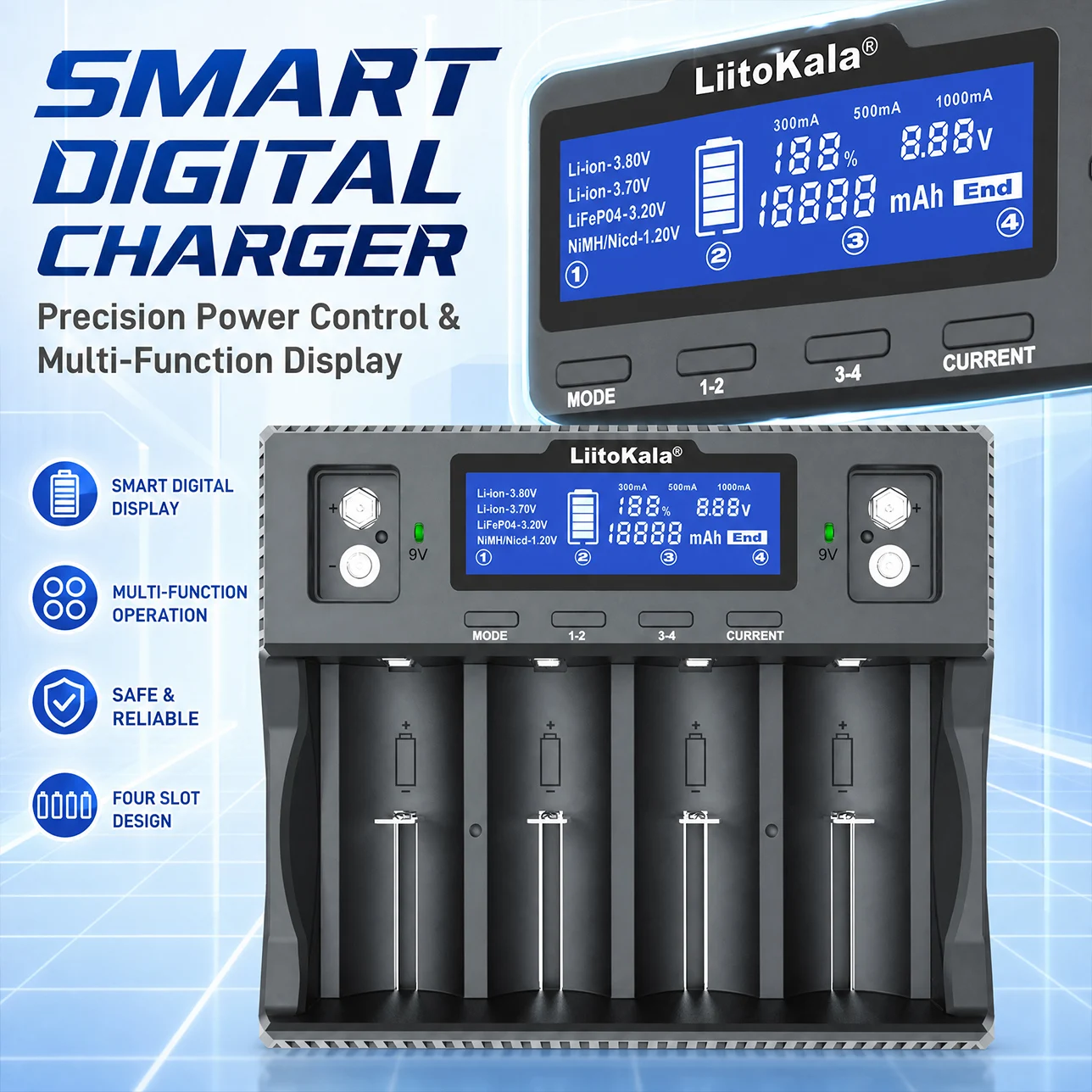 LiitoKala Lii-D4XL Smart Charger 4 Slots LCD For 18650 21700 26650 32700 AA AAA C D 9V LiIon NiMH LiFePO4 Universal Fast Home