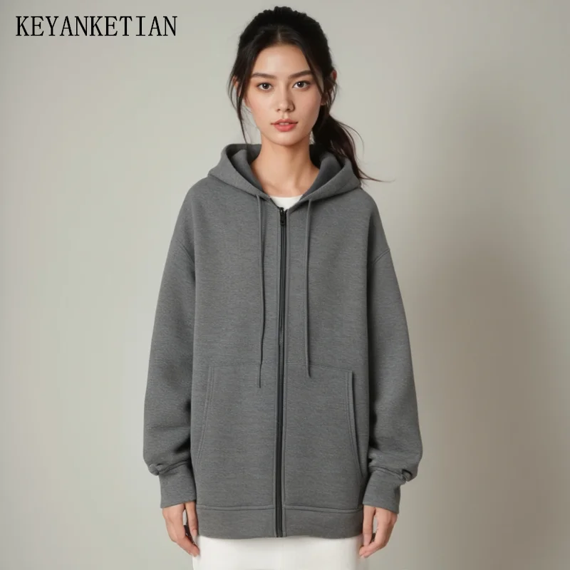 KEYANKETIAN Winter New Women\'s Zipper Hoodie High Street Unisex style Double Pockets Oversize Loose Sweatshirts Outerwear Top