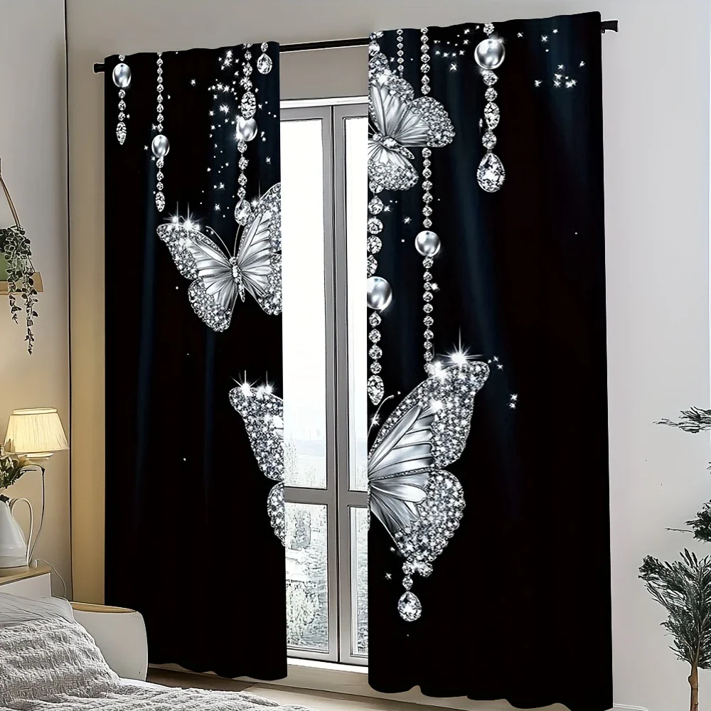 

Elegant black and silver butterfly design printed curtains, pole bag design, home decoration, room decoration