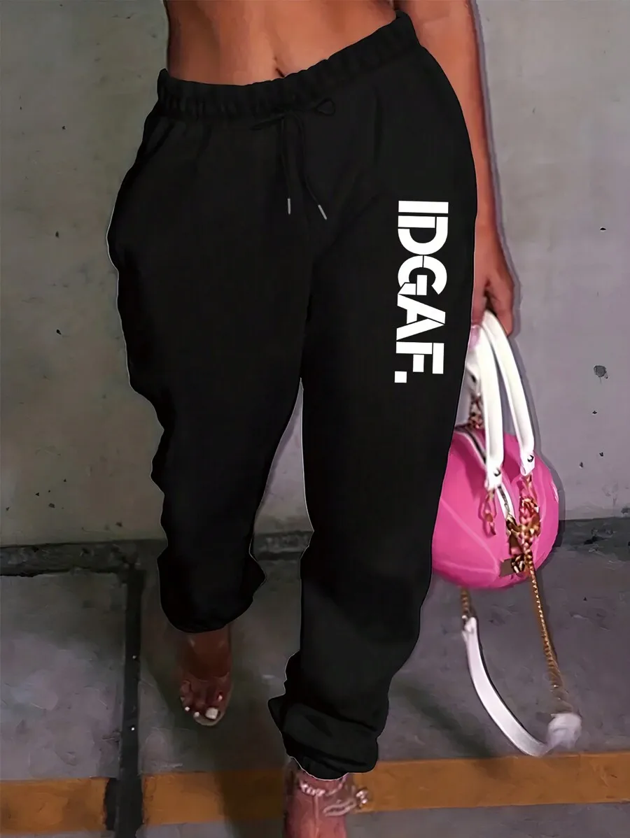 

Women's Black Loose Jogger Pants with Bold Vertical Letter Print