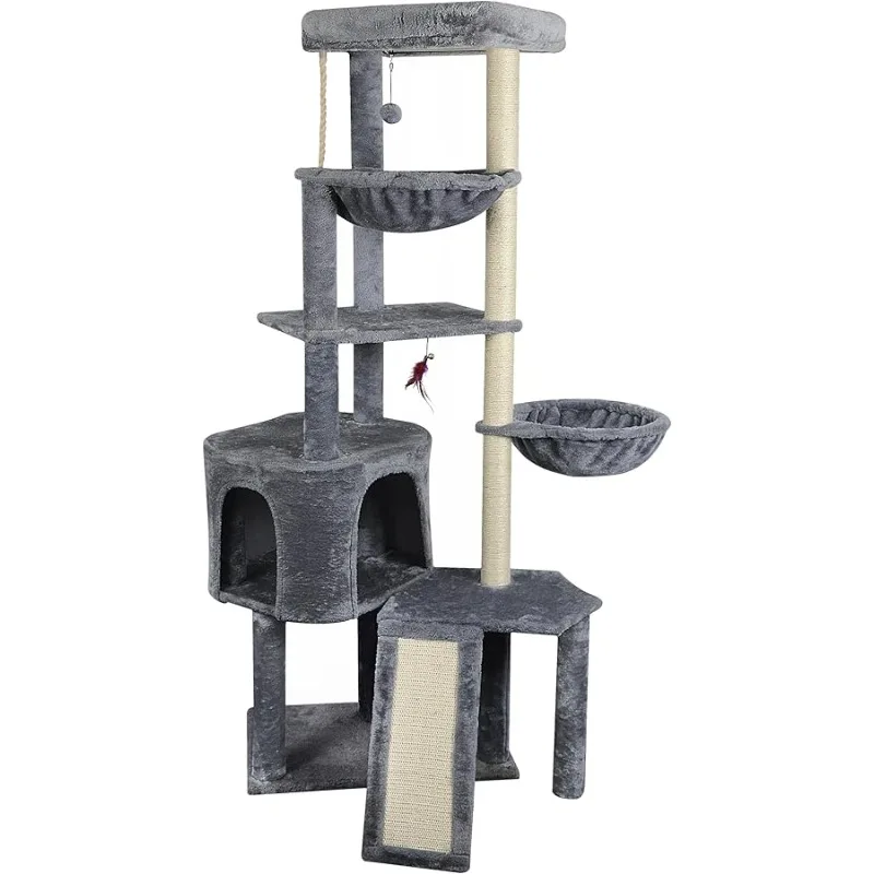 

Wang Xin Four Layer Big Cat Tree with Huge Cat Condo and Two Hammocks Scratch Pad,Grey