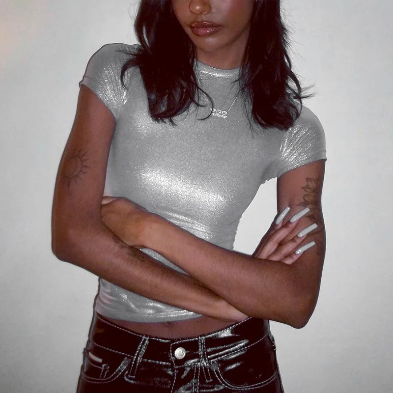 

2025 Fashionable Metallic Tone Crew Neck Short Sleeve Bodycon Top for Women's Wear