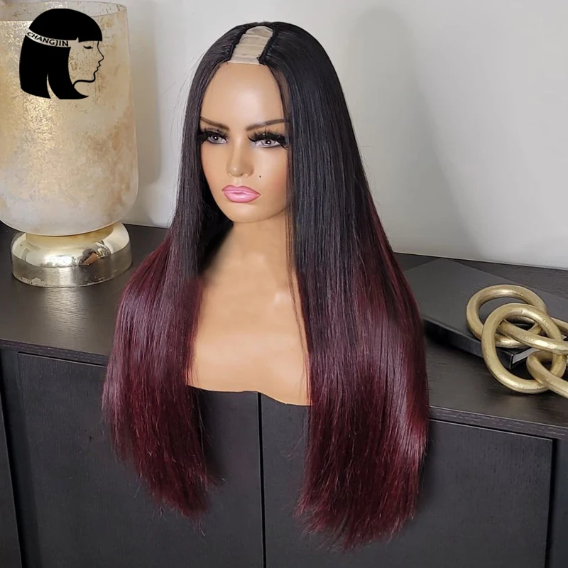 CHAGNJIN Ombre Burgundy Color 2x4 U Part Human Hair Wigs Brazilian Remy Straight Glueless Machine Made Wigs for Black Women