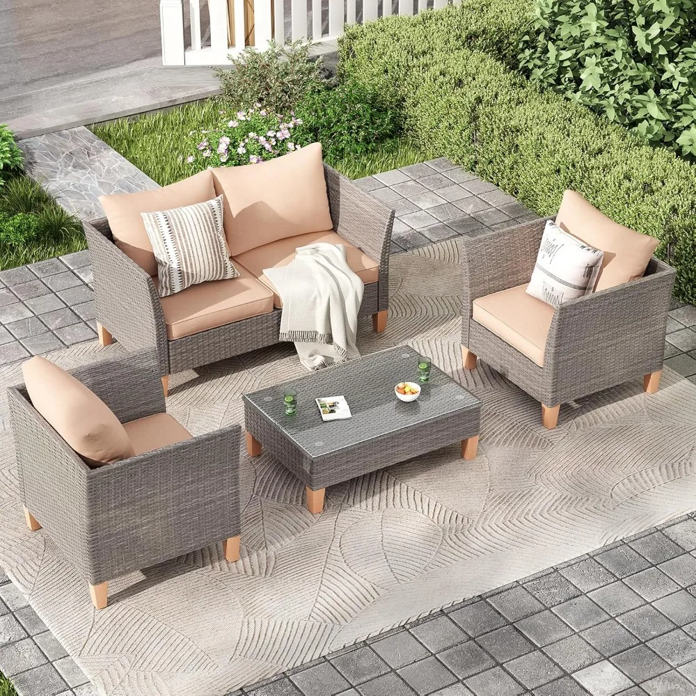 

5-Piece Patio Furniture Set, Outdoor Furniture with Coffee Table, Loveseat & 2 Single Chairs, 4-Inch Thickened Cushions