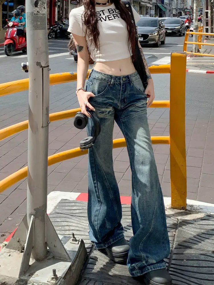 

Женские джинсы-палаццо с низкой посадкой и талией, хипстерские джинсы 2000-х годов, винтажные, в стиле ретро, популярные, крутые, пикантные, для девочек, универсальные, базовые, на каждый день