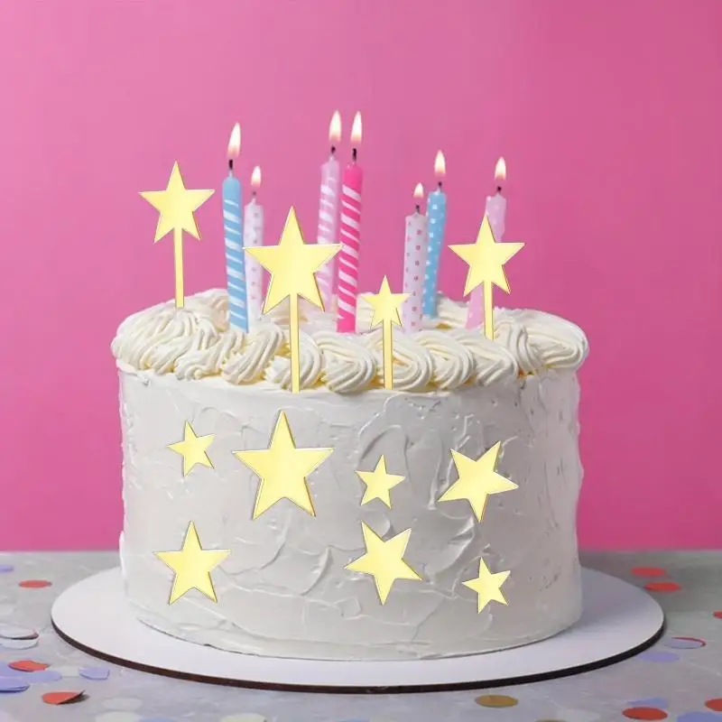 Gold 24pcs Cake Topper Pentagram Star Birthday Decorations Mirror Gold Acrylic Cake Toppers For Cake Decorating Supplies Kit