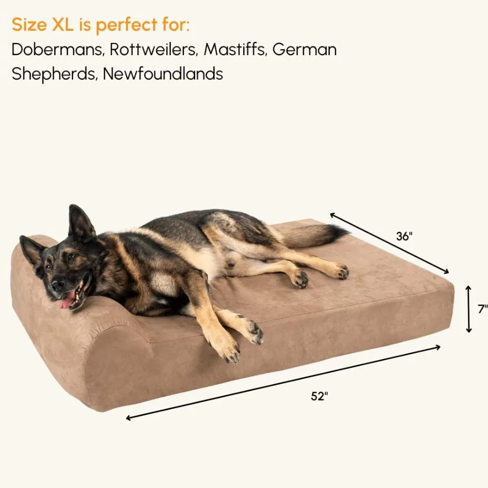 Orthopedic Dog Bed w/Headrest - 7” Dog Bed for Large Dogs w/Washable Microsuede Cover  Headrest, XL, Khaki freight free