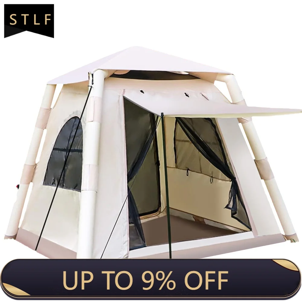 Inflatable Camping Tent 4-6 Person 4-Season Portable with Pump Easy Setup Waterproof UV-Proof Oxford Fabric One Bedroom Tent wit