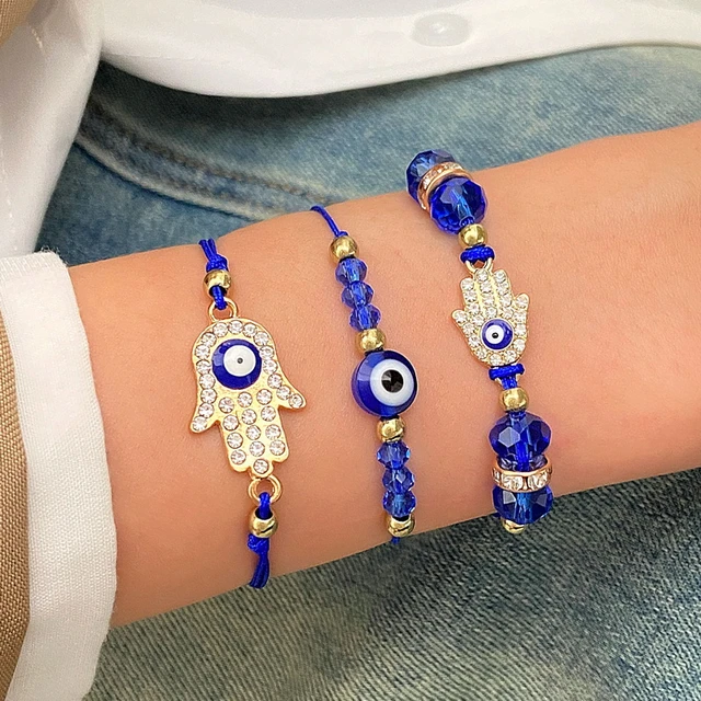 3 szt. Bransoletka złe oko dla kobiet szczęśliwy amulet ochrona Rhinestone kwiat motyl ręcznie regulowana opaska na nadgarstek urok biżuterii