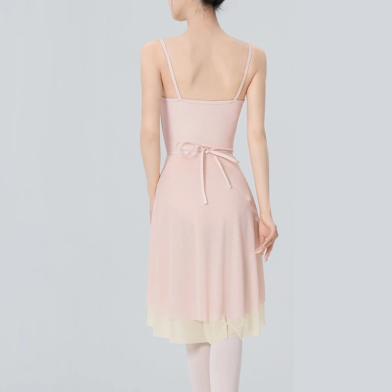 Vestido de baile de ballet, falda de media longitud para danza de adultos, falda de red suave de bloque de color de doble capa envuelta en encaje de una pieza para mujer