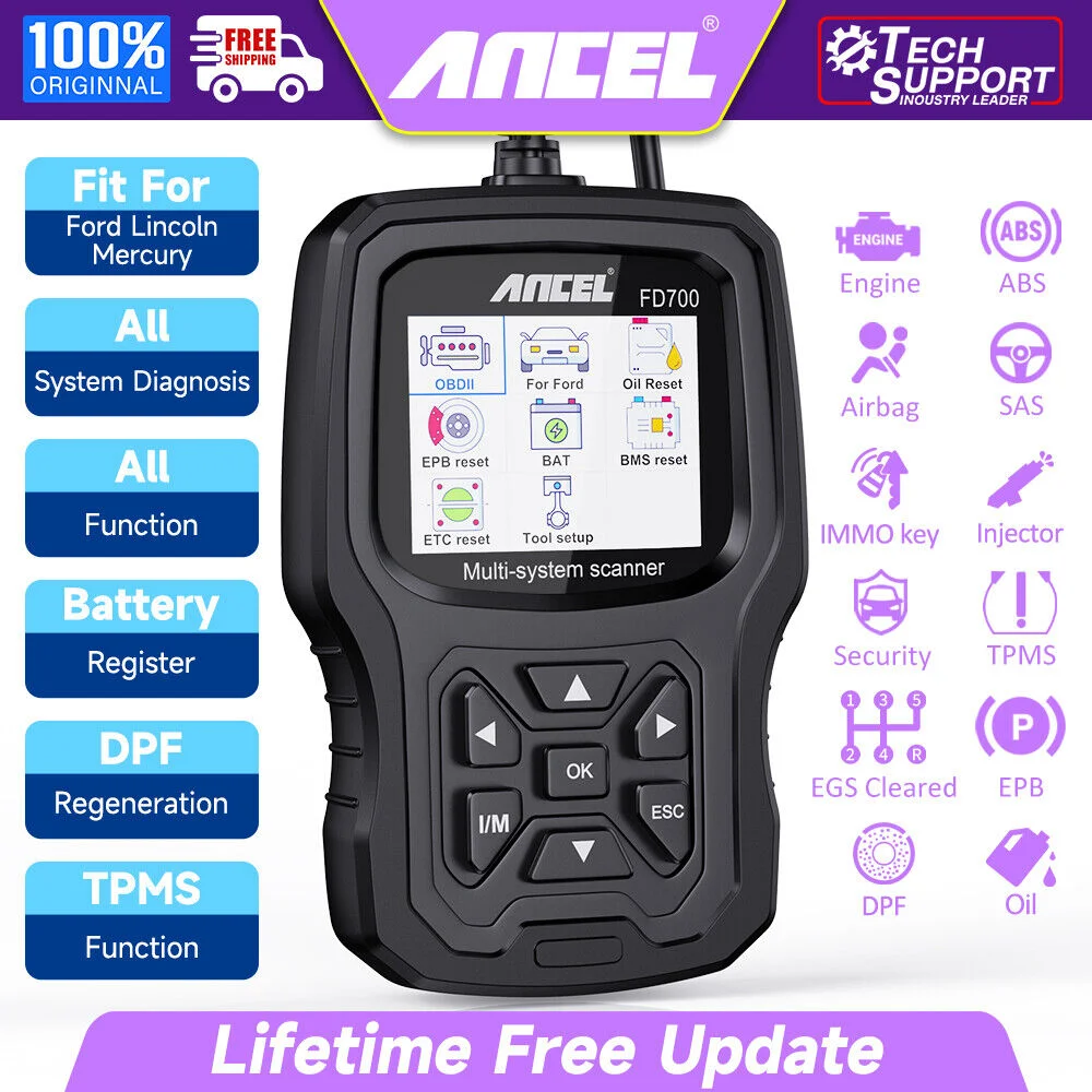 

ANCEL FD700 All System OBD2 Scanner for Ford /Lincoln/Mercury Disgnostic Tool Code Reader Engine ABS SRS TPMS ETC EPB BMS D.PF