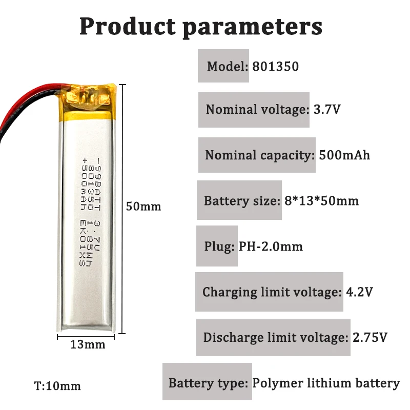 8 szt. 3.7V 500mAh 801350 081350 Polimerowe Litowo-Polimerowe Akumulatory Litowo-Polimerowe do Ładowania do Słuchawek Bluetooth, Głośników, Poidła dla Zwierząt, Termometru — zdjęcie produktu 5
