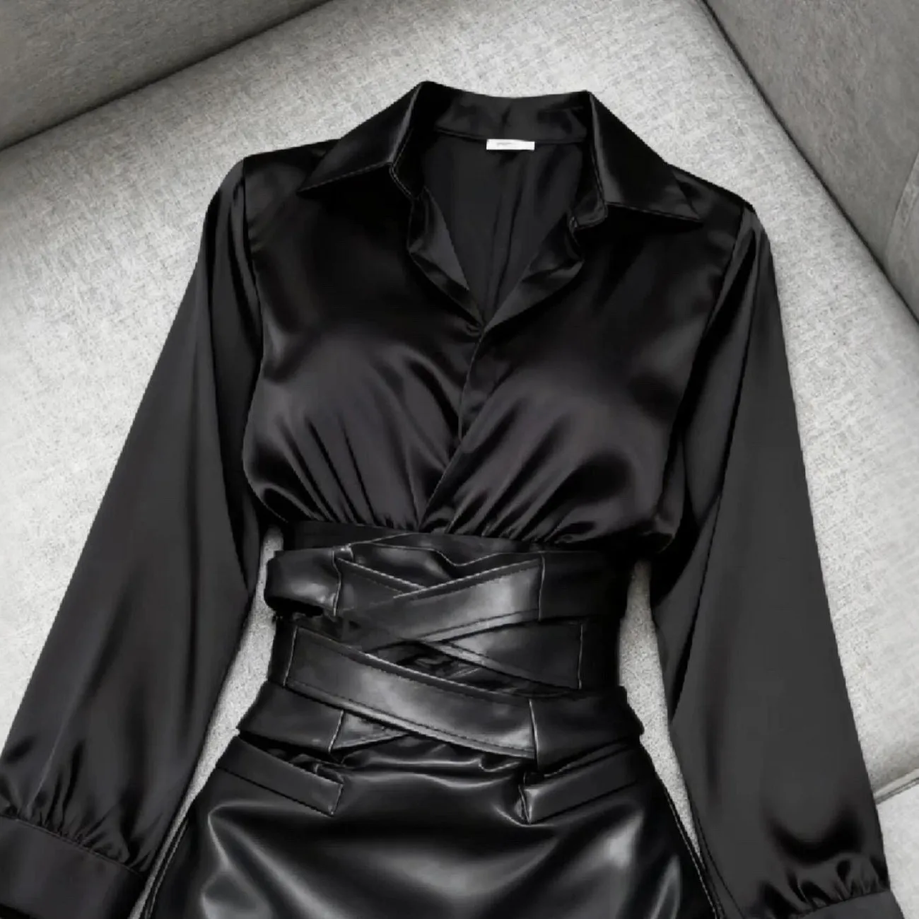 2026 Spring Summer New Two Pieces Set A-Line Skirt Women Fashion High Waist Sexy Skirt Long Sleeve Shirt Tops + Short Skirt Suit
