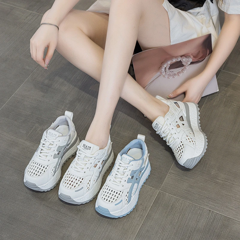 

Womens Breathable Mesh Platform Sneakers Hidden Heel Lift Casual Lace Up Shoes In White Grey Blue For Summer Daily Street Style