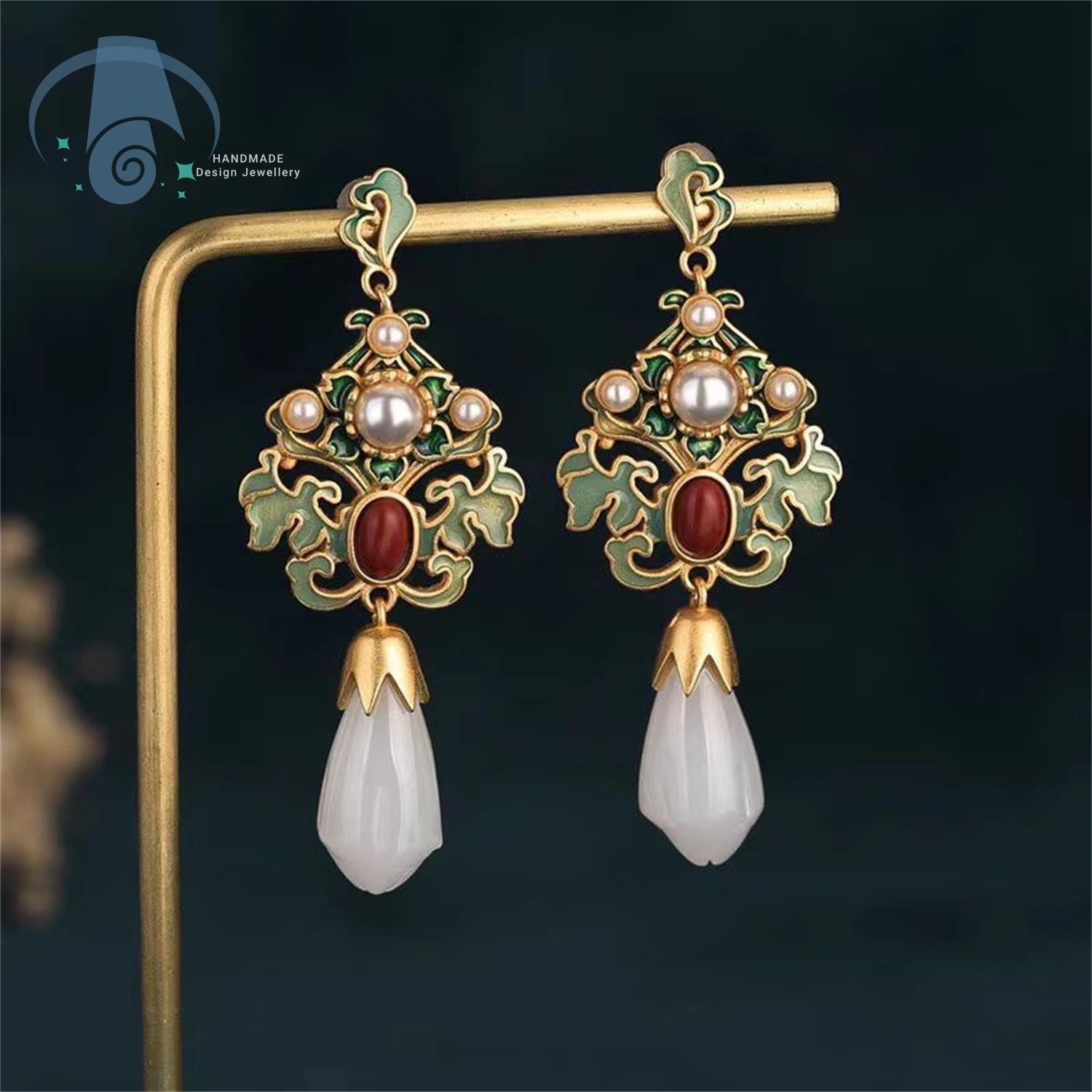 Cloisonne Enamel Earrings White Jade Orchid Flower Vintage Retro Design Cheongsam Chinese Style Fairy Dangle Earrings for Women