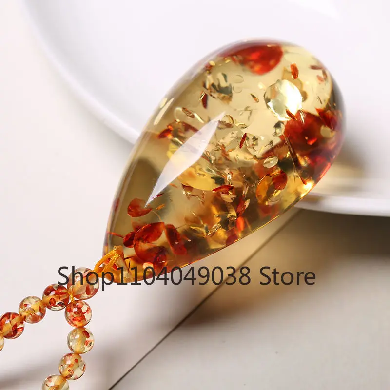 Natural Flower Amber Drop Pendant Sweater Chain Beeswax Necklace Fashion Exquisite Men's and Women's Gemstone Holiday Gift