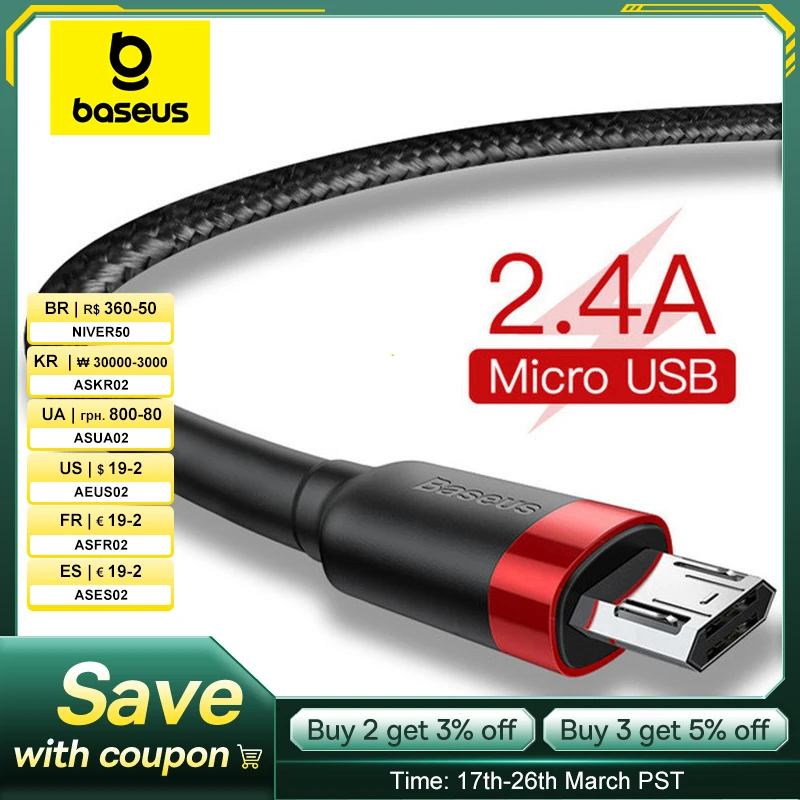 Cavo Baseus USB Micro C per Samsung S9 S10 Cavo Quick Charge 3.0 Ricarica rapida per Huawei P30 Xiaomi Cavo caricabatterie USB-C