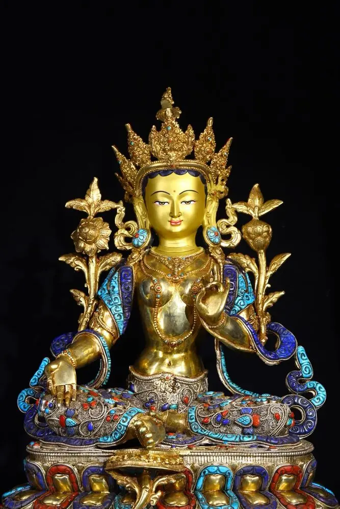 18 inch bronze silver gold gilding Gem Tibetan Buddhism Green Tara Bodhisattva