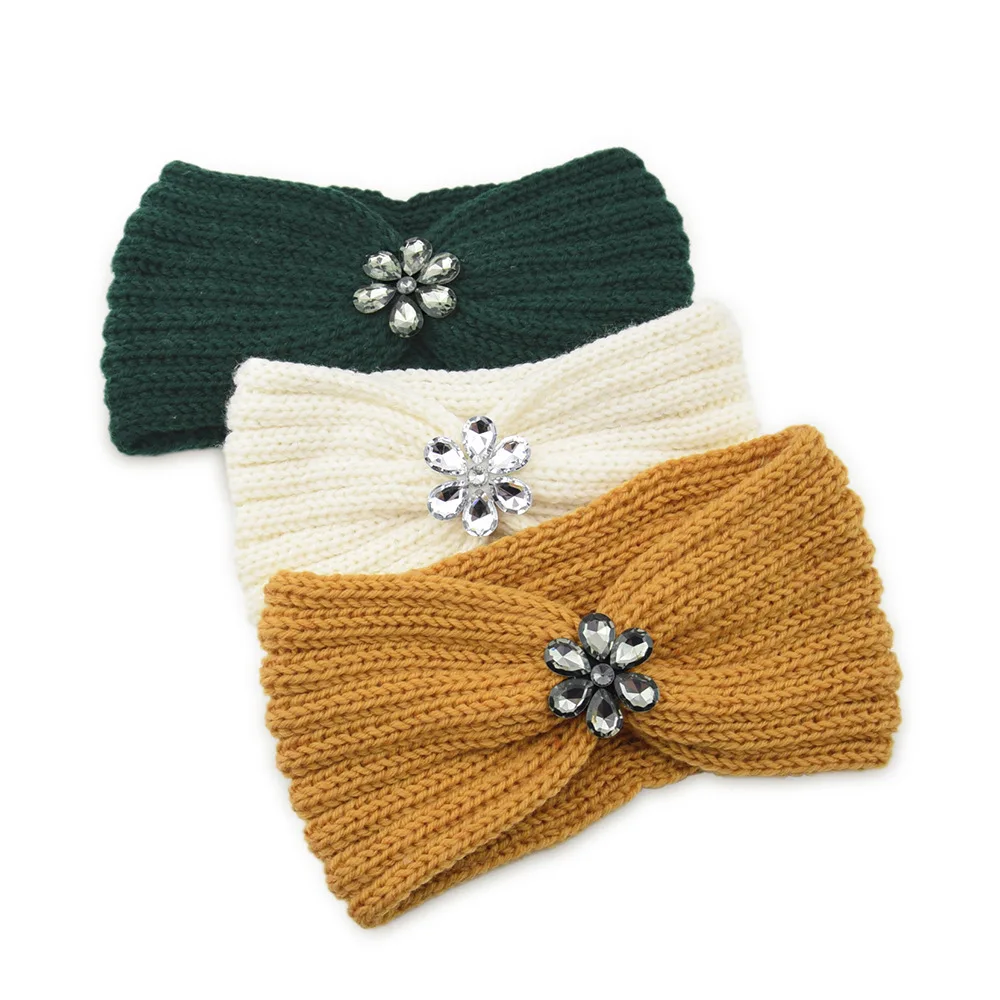 Elegant Rhinestone Flowers Knitted Headband Women Sports Yoga Elastic Hairbands Bandana Autumn Winter Ear Protection Headwrap