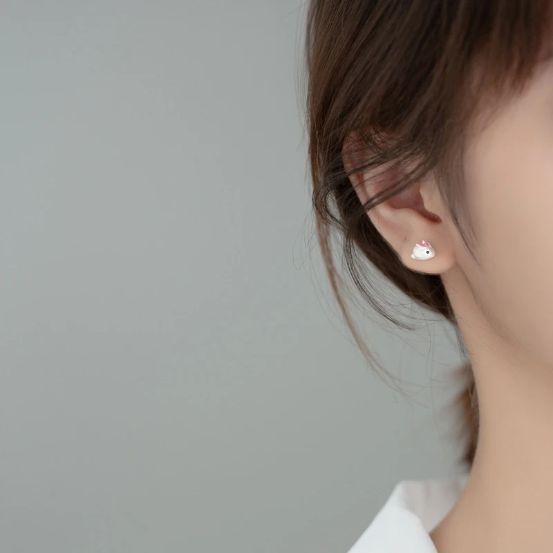 Modian Genuine 925 Sterling Silver Lovely Small Mouse Ear Pin for Women Gift Animal Frosted Stud Earring Korea Style Jewelry
