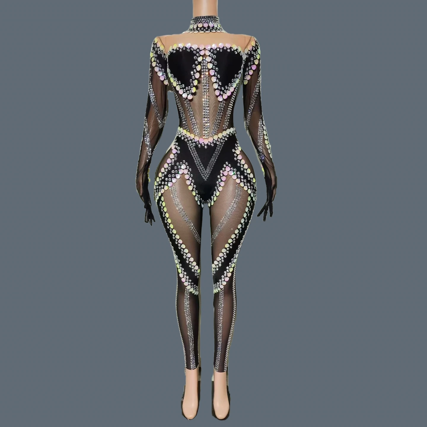 

Sexy Women Black Tight Fitting Jumpsuit Shell Rhinestone Sparkly Dance Wear Party Stage Performance Wear High-end Outfit Shensui
