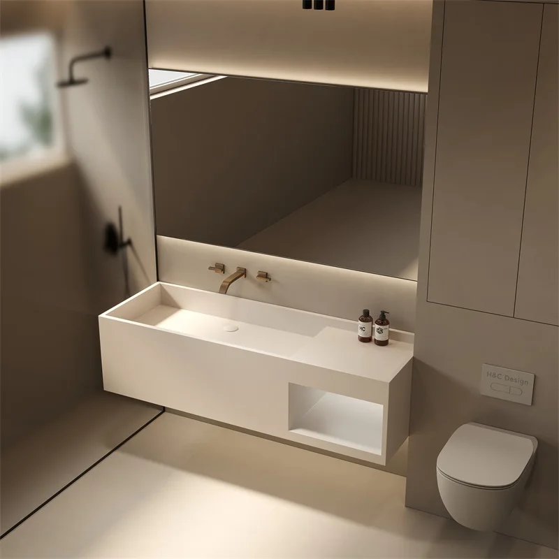 

Cream wind tunnel stone rock slab integrated seamless basin villa bathroom washbasin face wash basin bathroom cabinet customizat