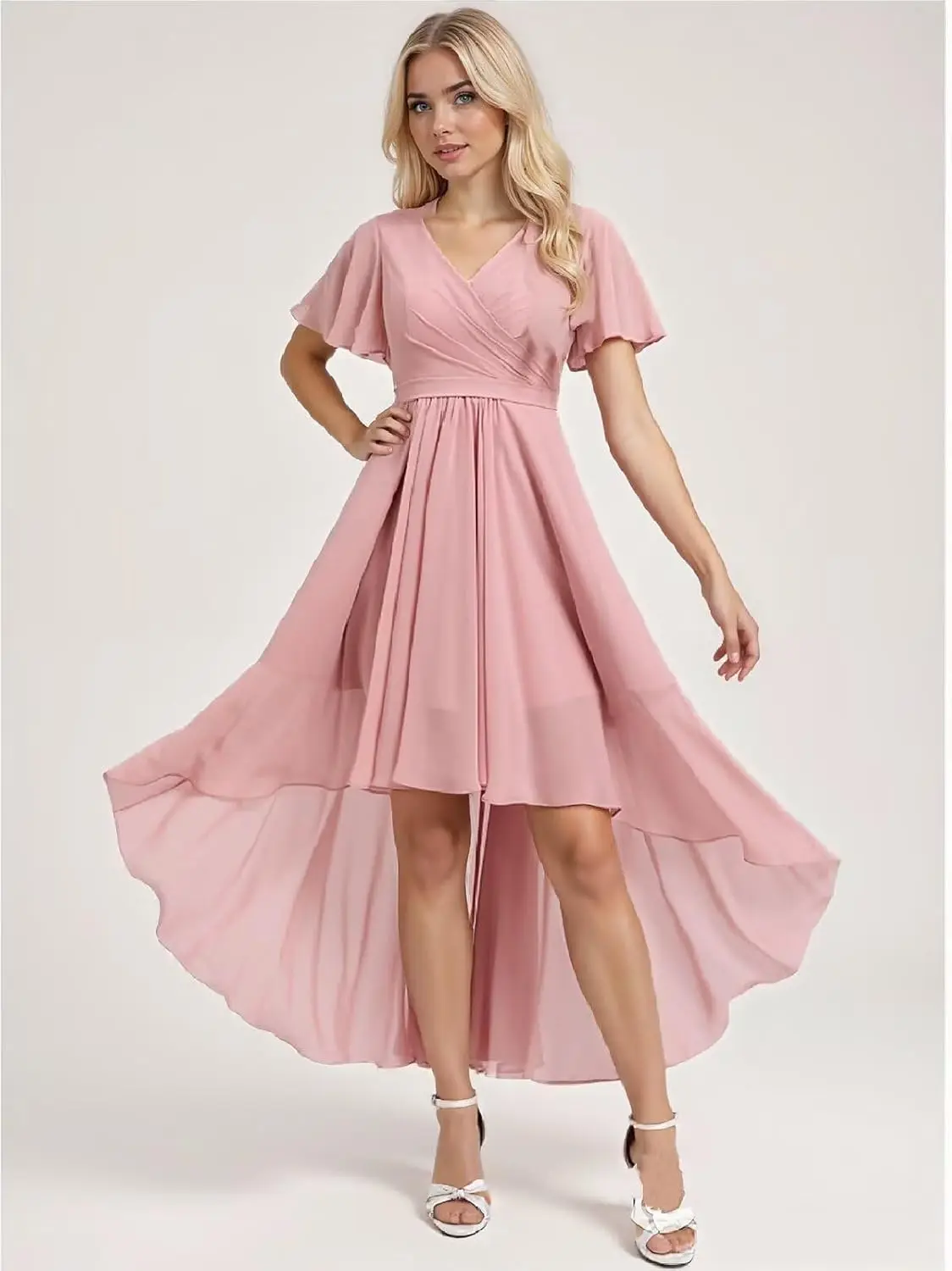 

Women's Chiffon Bridesmaid Dresses Short High Low V Neck Formal Dress Ruffle Sleeves Evening Party Gowns Hi-Lo Junior Bridesmaid