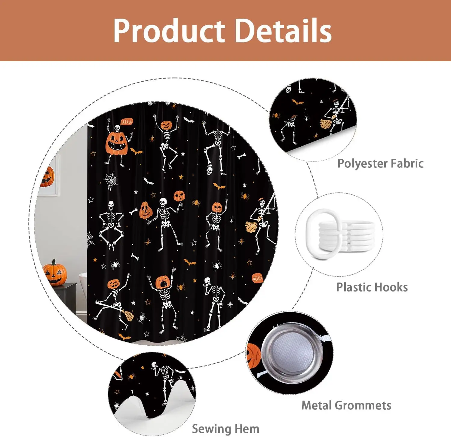 ستارة دش الهالوين القوطية المضحكة، هيكل عظمي أسود وأبيض للرقص على شكل قرع للأطفال، مقاومة للماء وقابلة للغسل #5