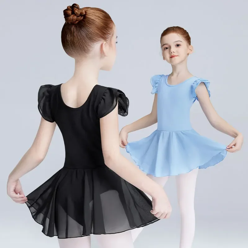 Girls Ballet Leotard Dress Ruffle Sleeve Leotard Toddlers Kids Tutu Dress Ballet Dance Skate Gymnastics Practice Dress