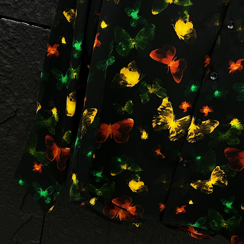 2025 الصيف فراشة الطباعة موضة الشيفون قميص طويل الأكمام الرجال النساء الكتف مبطن قمصان أنيقة غير رسمية