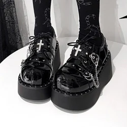 Chain Heart Buckle Decoration Lolito Shoes Sweet Rivet Lace Up Platform Mary Janes Metal Decor Patent Leather Chunky Heels Pumps