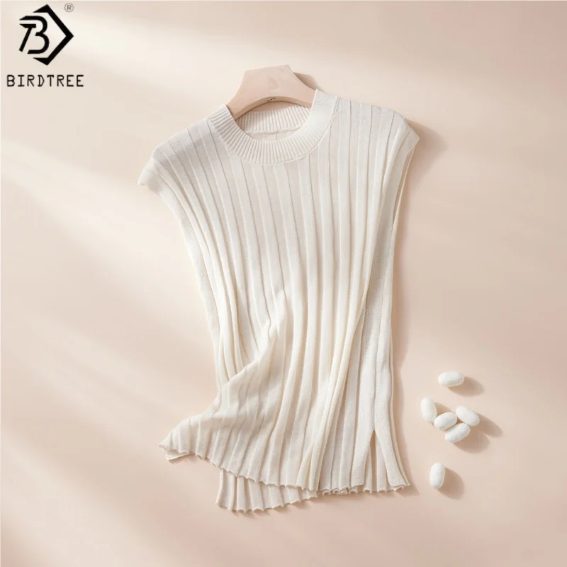 Birdtree 70% Silk 30% Cotton Camisole, Women's Knitted Casual Tank Top, O-neck Elastic Slim Basic Vest, 2026 Autumn New T69626JF