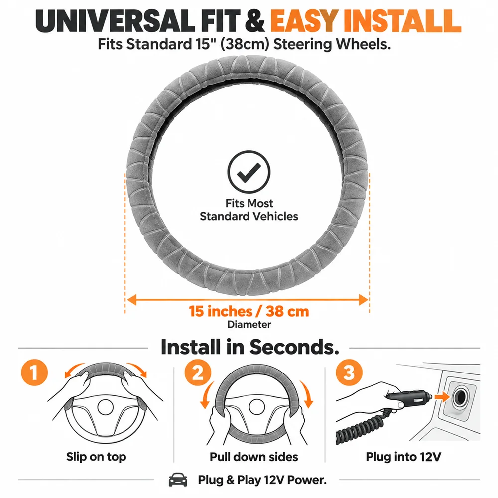 Universal Heated Steering Wheel Cover 12V Car Winter Hand Warmer 38cm Wheels Soft Plush Heating Cover with Coiled Cord
