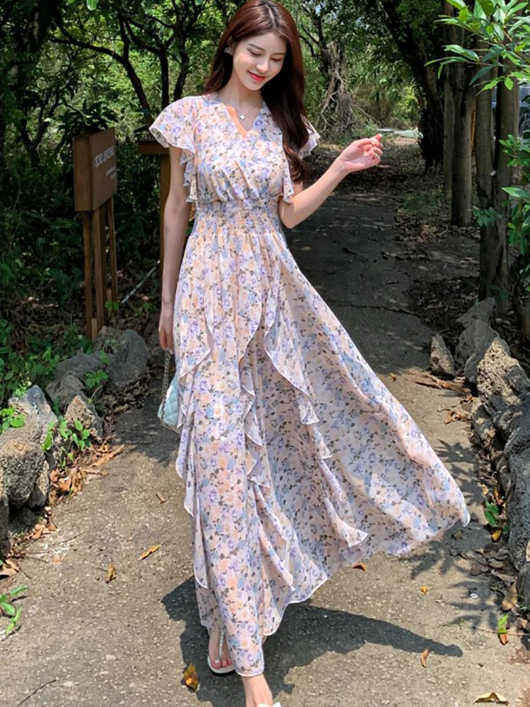 Vestido largo bohemio de gasa con volantes para mujer, traje elegante de estilo informal, estilo coreano, para fiesta de verano, 2024