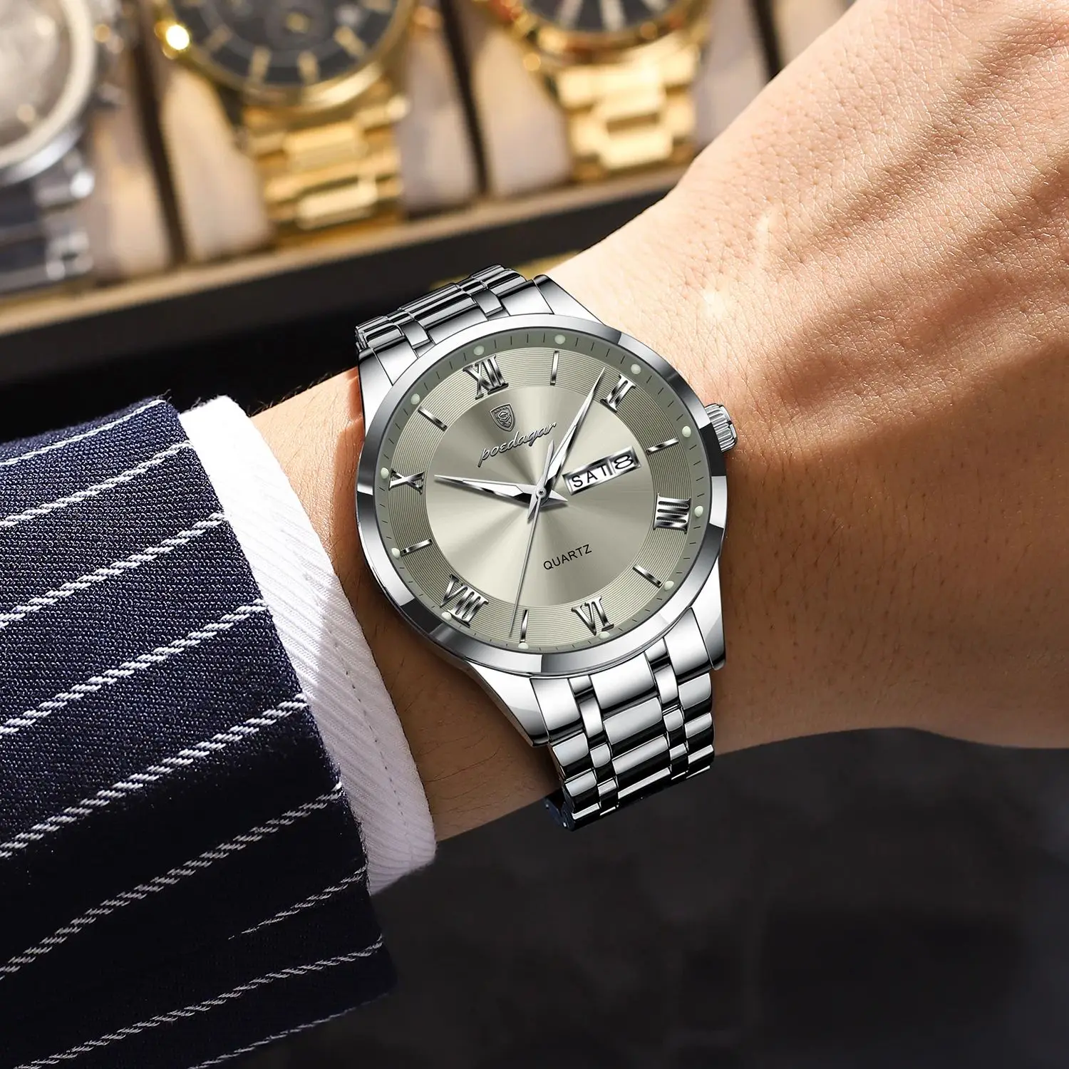 POEDAGAR Luxury Fashion Men Clock Waterproof Luminous Date Week Man Wristwatch Sports Stainless Steel Quartz Men's Watches Reloj image 5