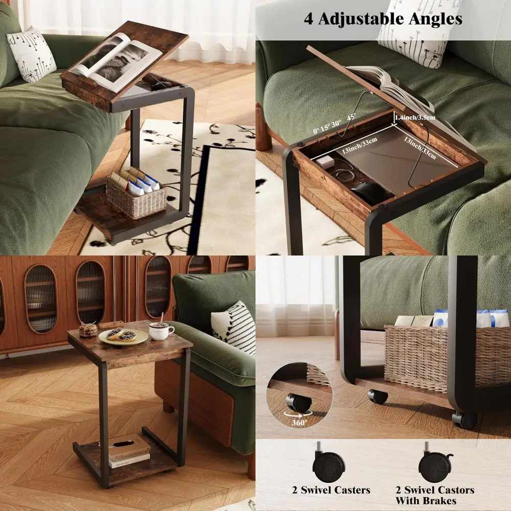 

Регулируемый стол C-образной формы с местом для хранения, передвижной столик-поднос для гостиной и спальни в деревенском стиле, коричневый