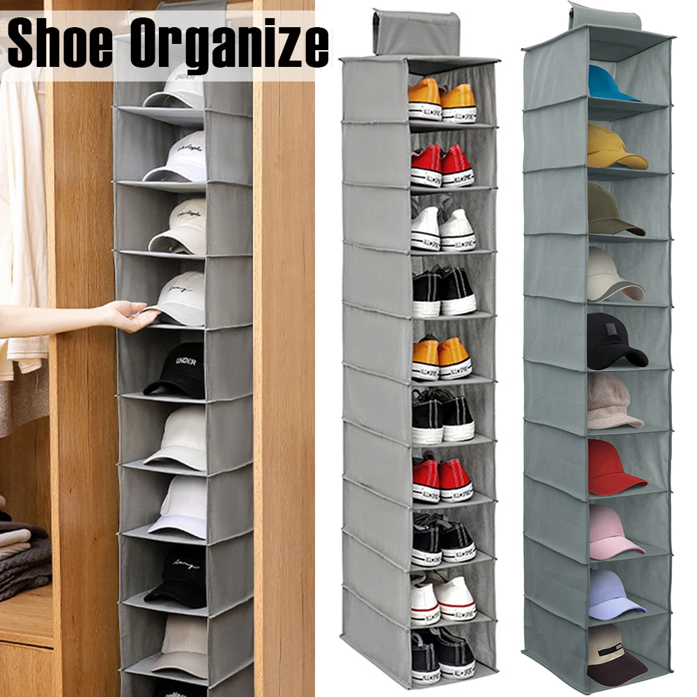 Hanging Shoe Organizer Non-woven Shoe Storage Shelf 10-Layer Foldable Hanging Shoe Rack Space Saving for Home Bedroom Closet