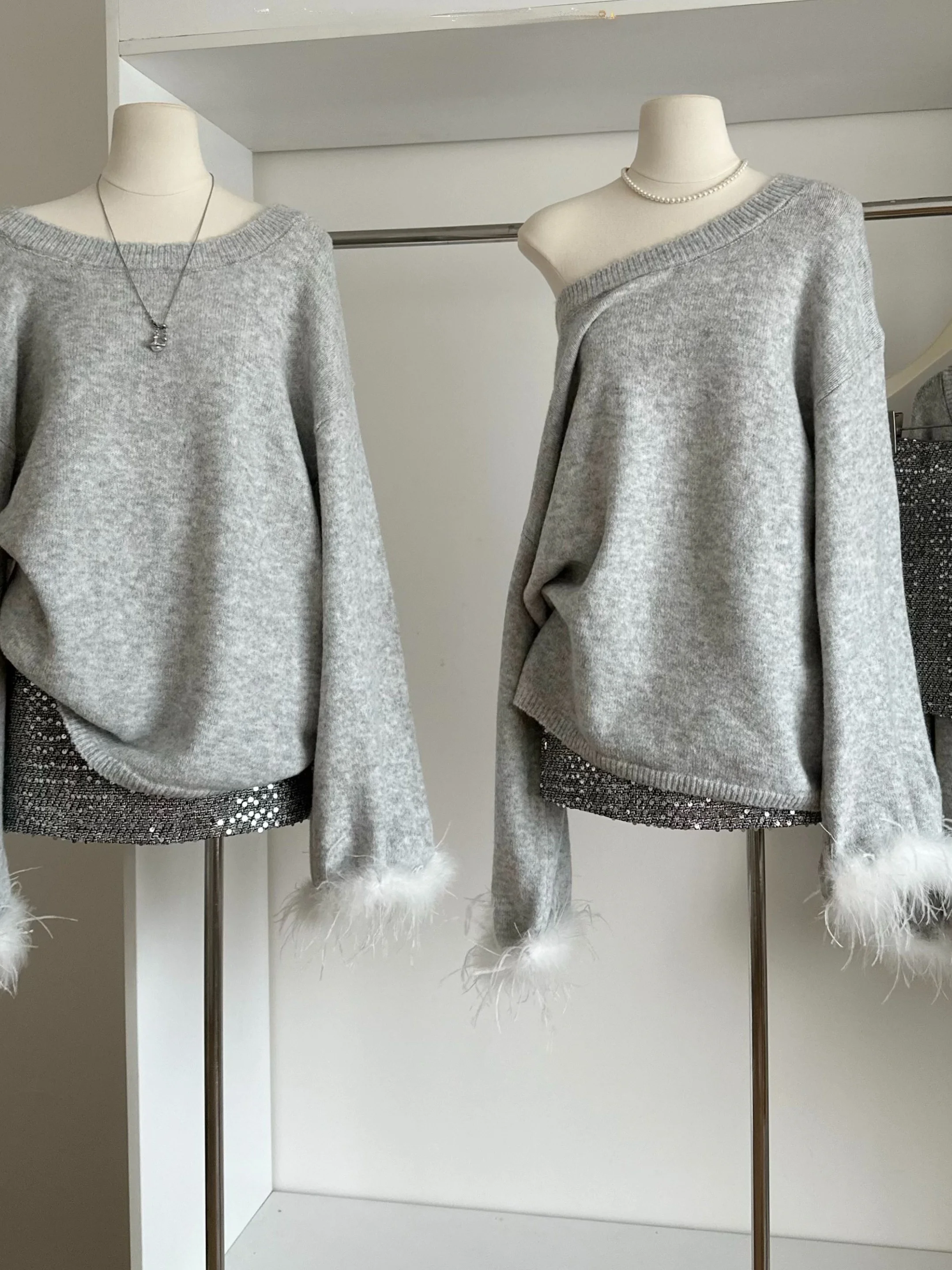 

Свободный крой вязаный свитер, длинный светящийся пушистый лоскутный комплект с юбкой, женский комплект Faion Lazy Sle из полиэстера на одно плечо