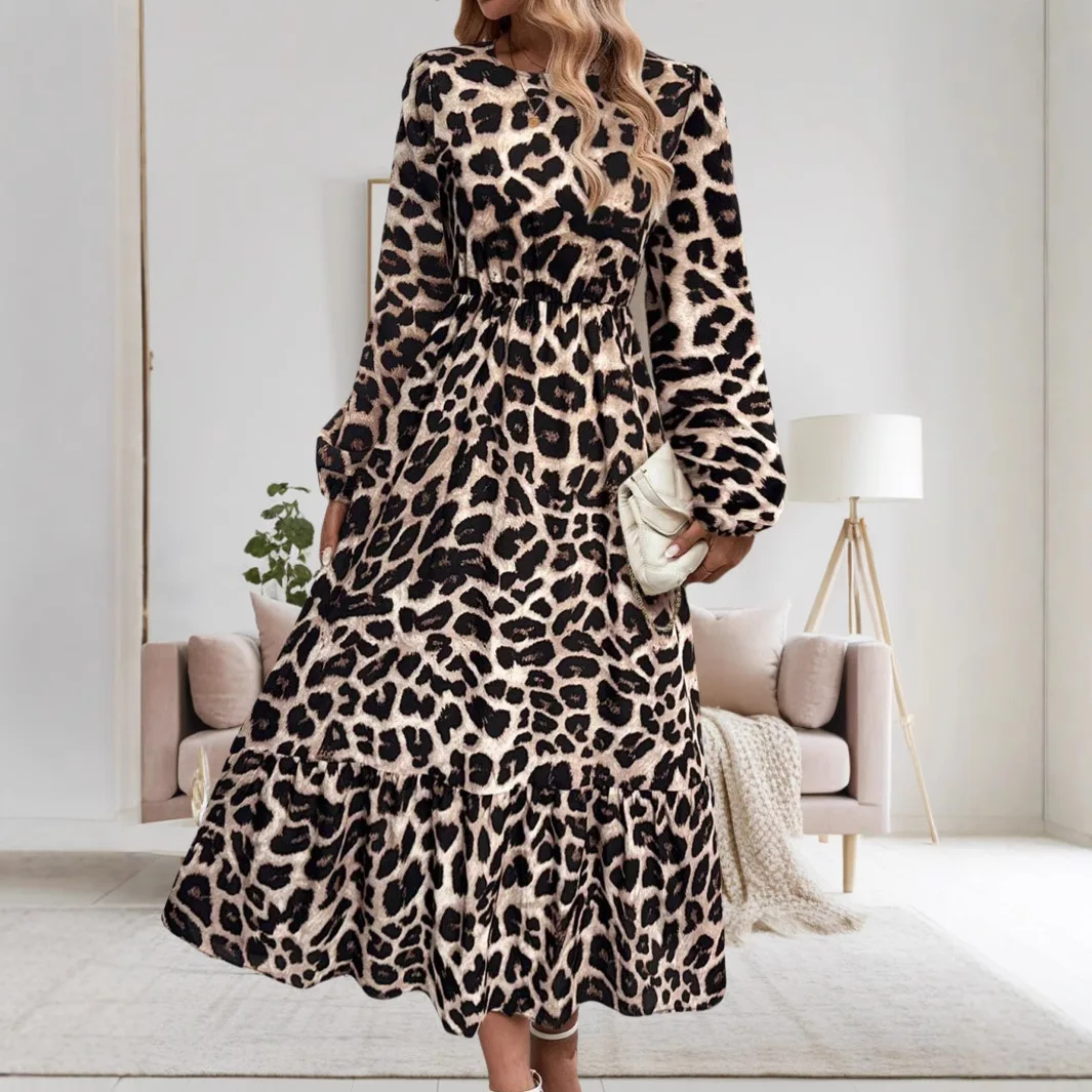 Elegant Maxi Dress Bohemian Women Leopard Print Dress Long Sleeve Loose O Neck Casual Party Dresses Robe With Ruffes Femme 2025