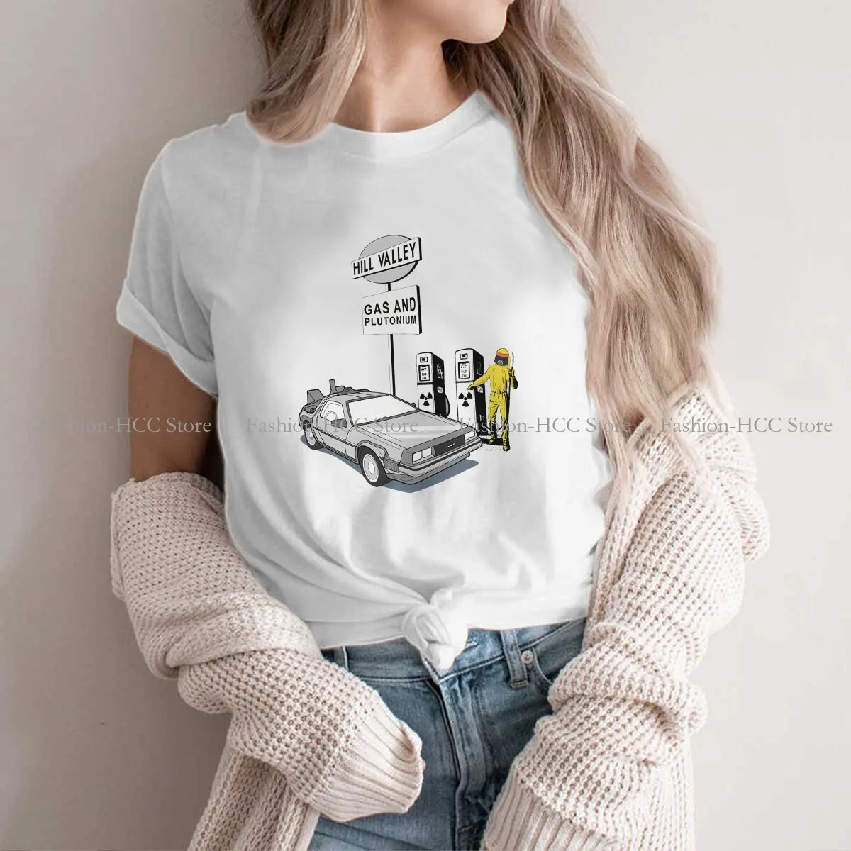 Delorean 'Hill Valley Gas Station Graphic Polyester TShirt Back To The Future Creative Tops Casual T Shirt Female Short Sleeve