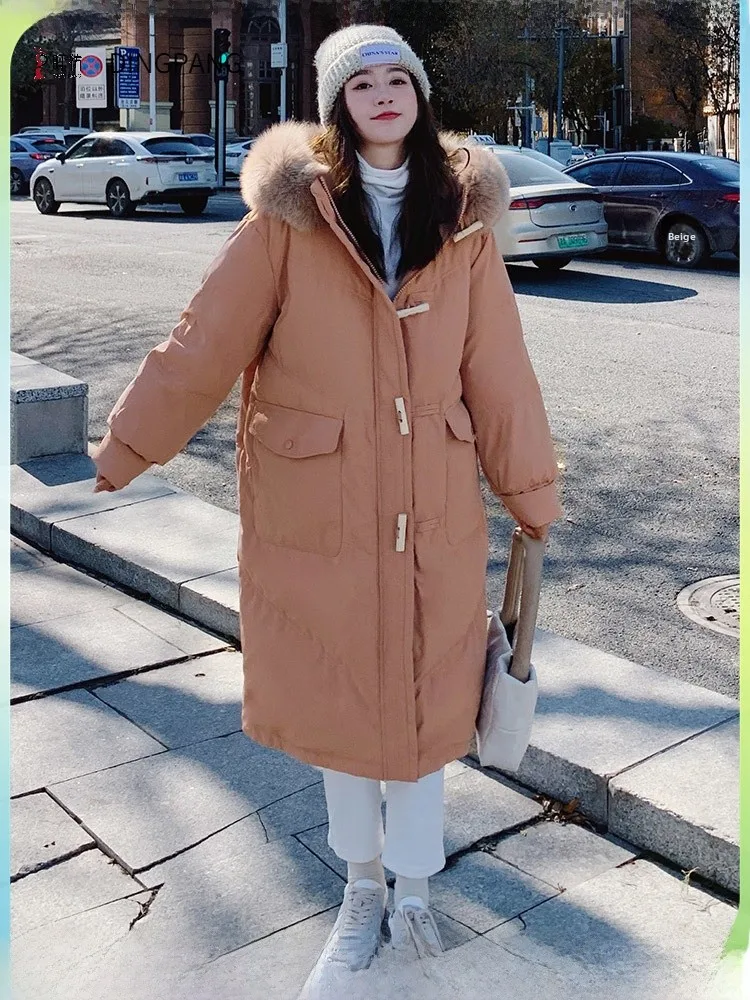 

Длинный пуховик Jaet, женская зимняя тонкая корейская одежда выше колена с большим меховым воротником, белая верхняя одежда на пуху, пальто с хлебом