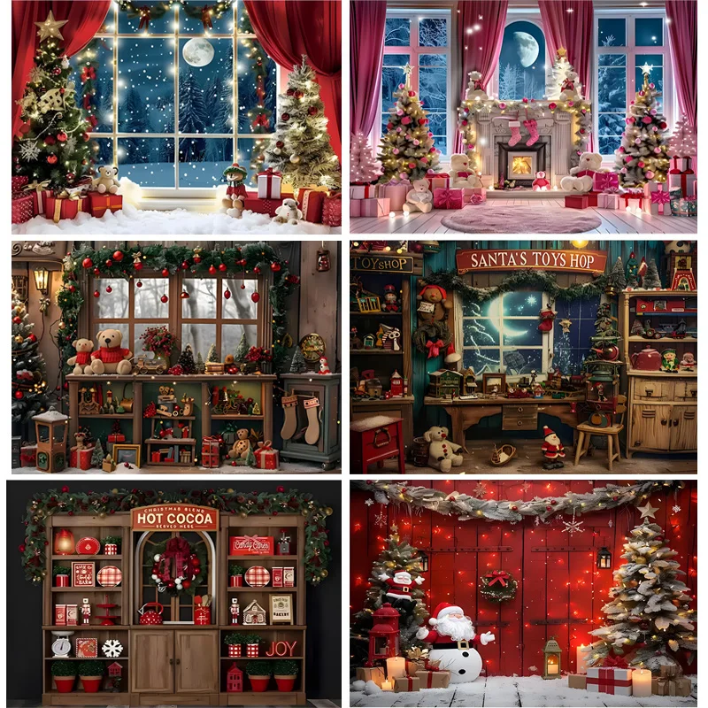 

Christmas Tree With Gift Boxes Photography Backdrops Winter Snow Decorations Wooden Door Fireplace Room Background Props ST-03