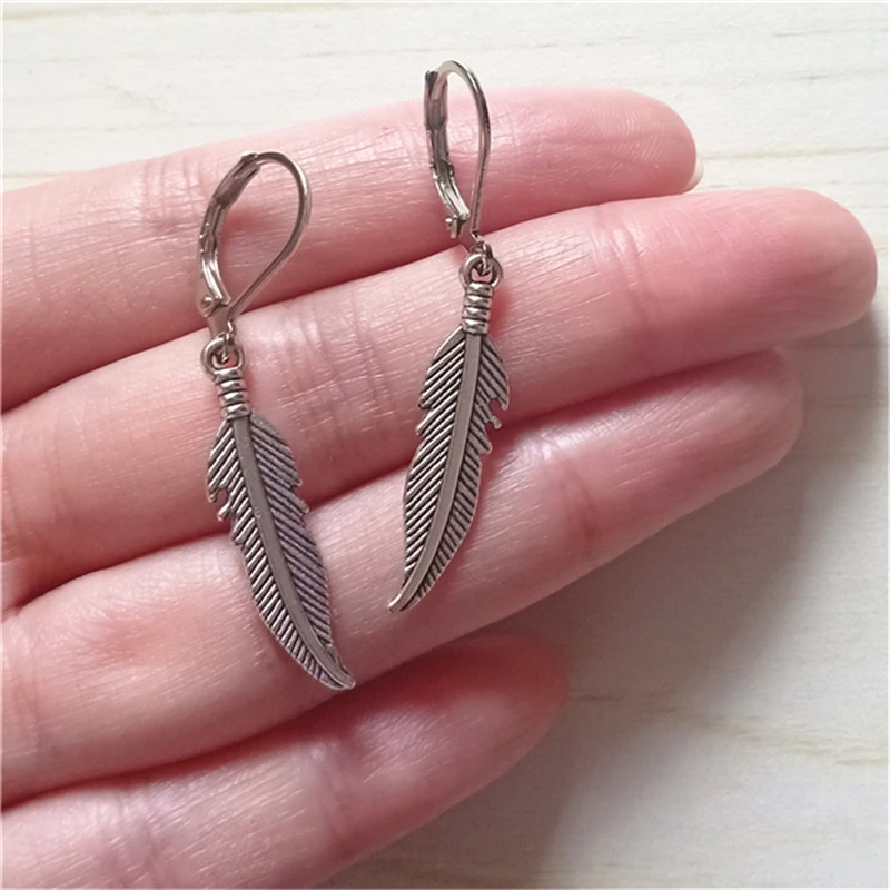 Feather Leverback Earrings, Boho Dangly Antique Silver Color Feather Jewellery, Vintage Earrings